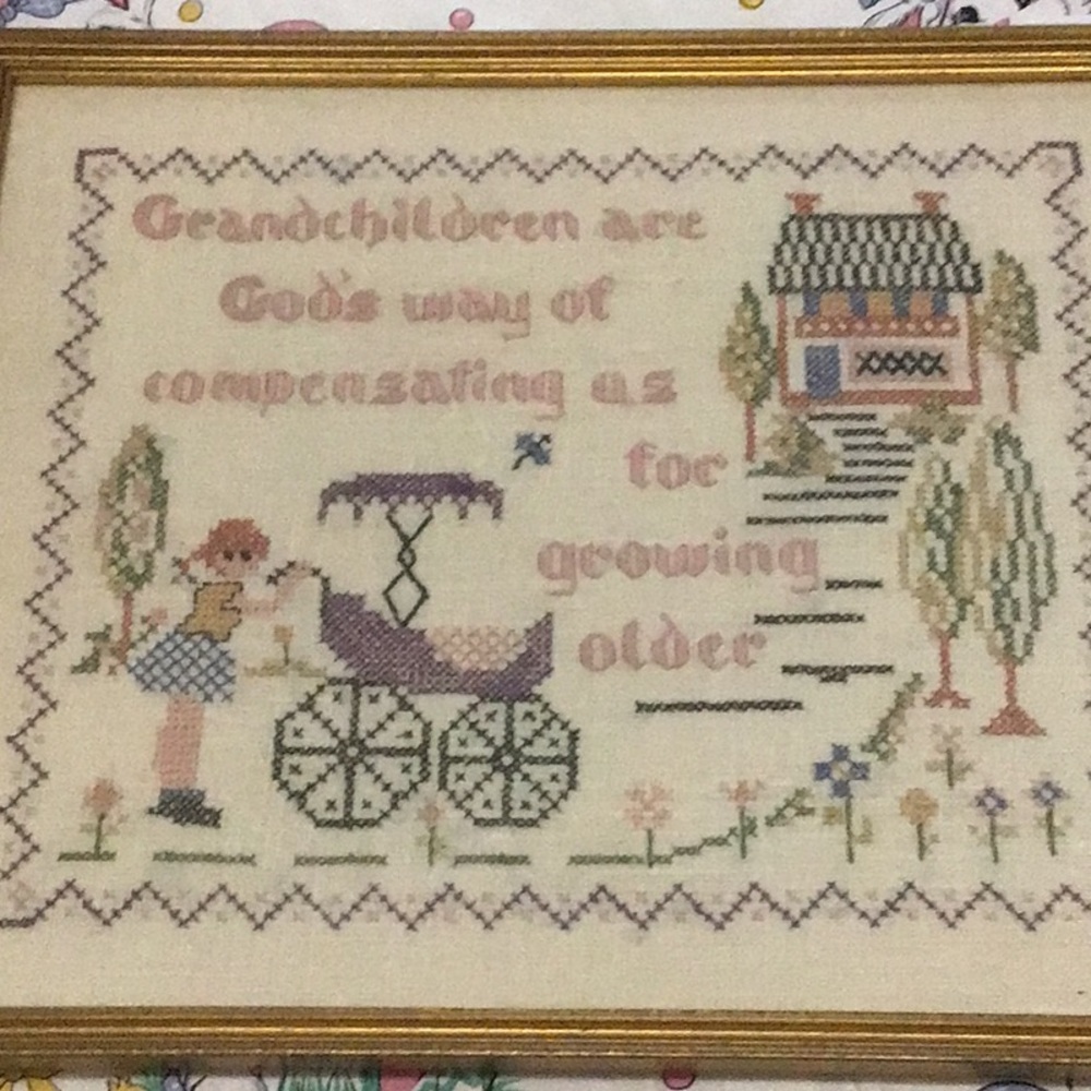 Vintage Needlepoint Art with Purple and Pink Accents